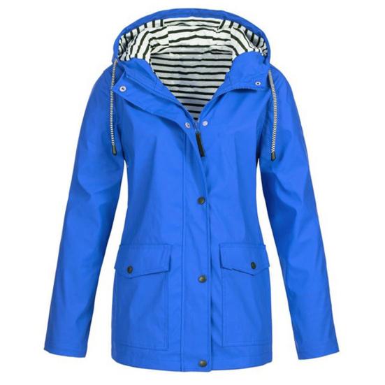 Kadın Tek Renkli Çizgili Dış Mekan Rüzgar Geçirmez Su Geçirmez Kapüşonlu Yağmurluk Yağmurluk Ceket