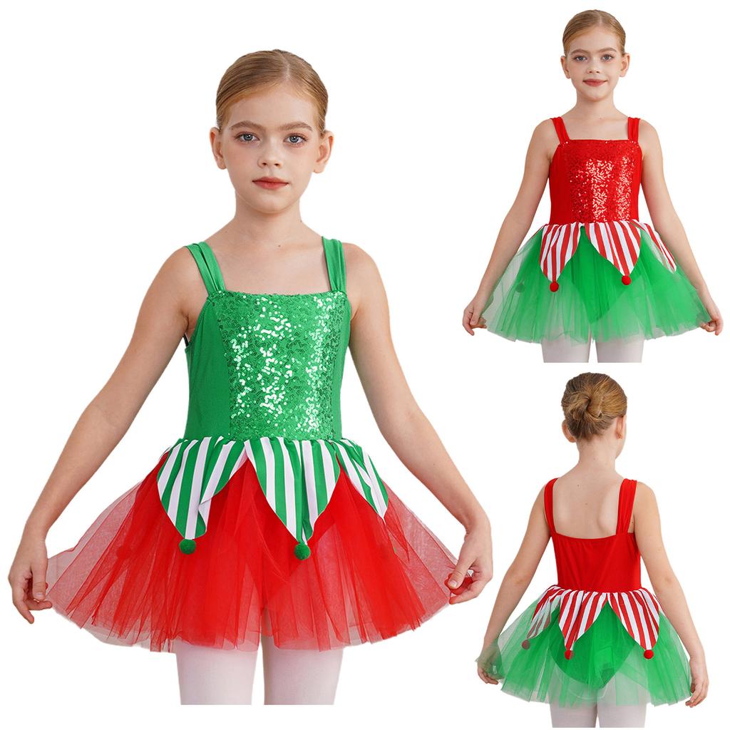 Girls Christmas Jumpsuit Shiny Sleeveless Design Jagged Pompoms Tulle Skirt Costume Cosplay Dance Wear