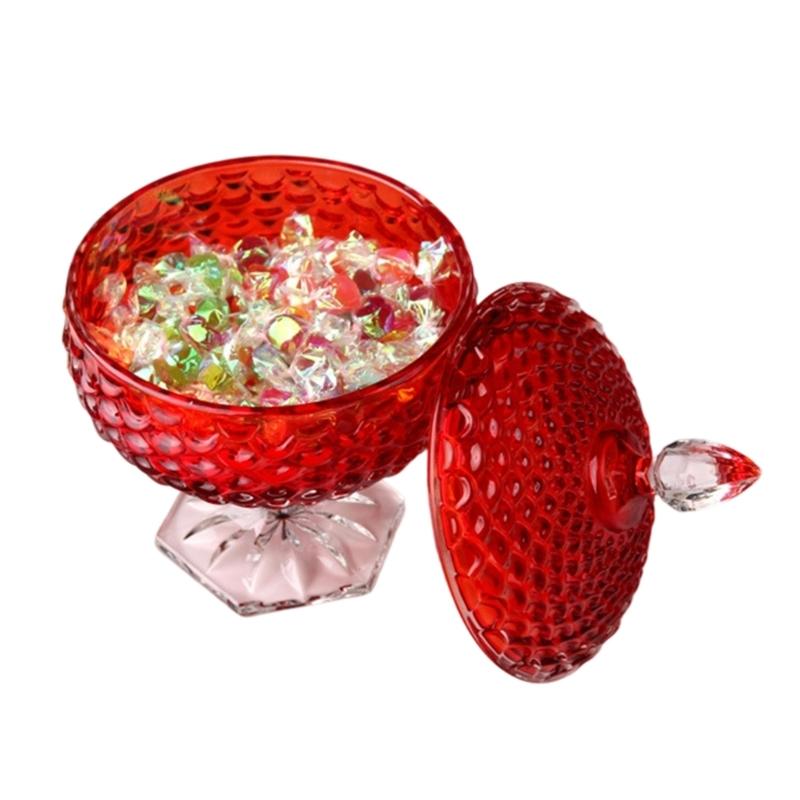 Bocal à Bonbons Épais en Verre Cristal Rouge avec Couvercle Boîte à Bijoux Ornementale Estampée Élégante Sucrenière pour Décorations de Mariages Fêtes