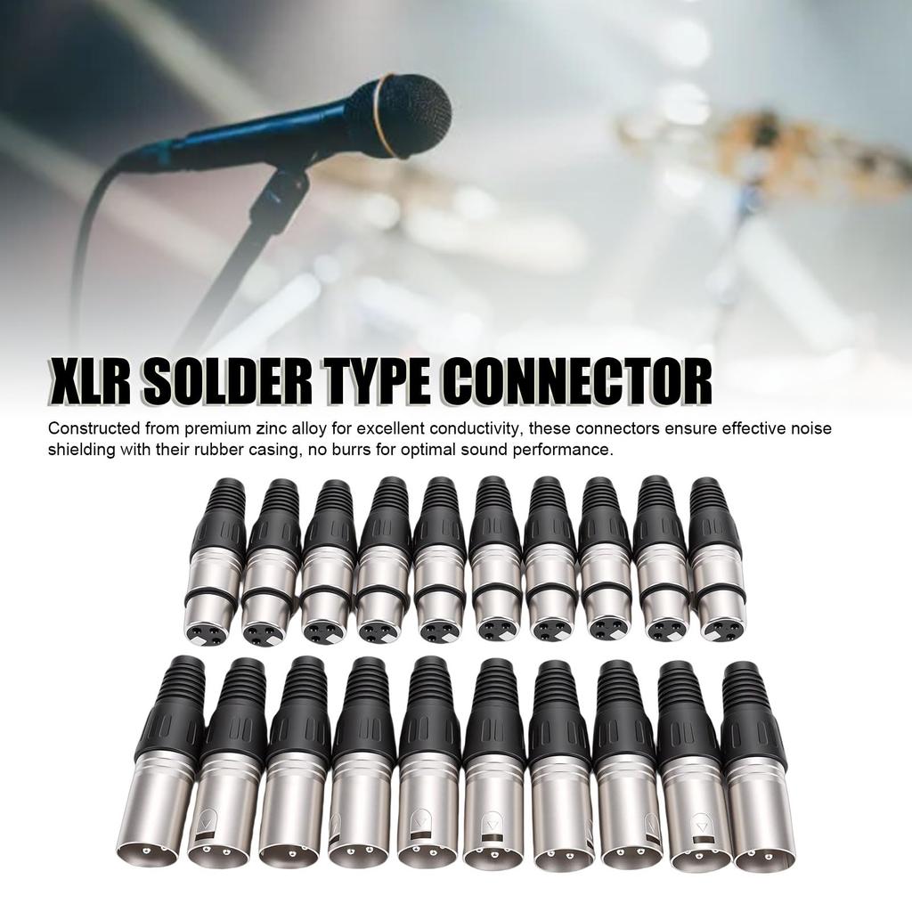 Akozon 20 Pieces 3-Pin XLR Solder Type Connectors Zinc Alloy Silver Microphone Sound Cable Plugs Ultra-Low Noise Suitable for Sound Setups
