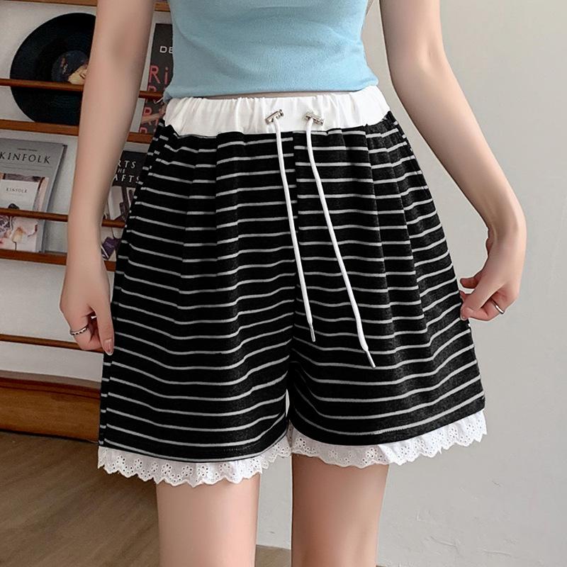 

2026 New Style Striped Maternity Shorts with Lace Trim for Petite Women – Casual Wide-Leg Summer Pants Without Belly Support XL