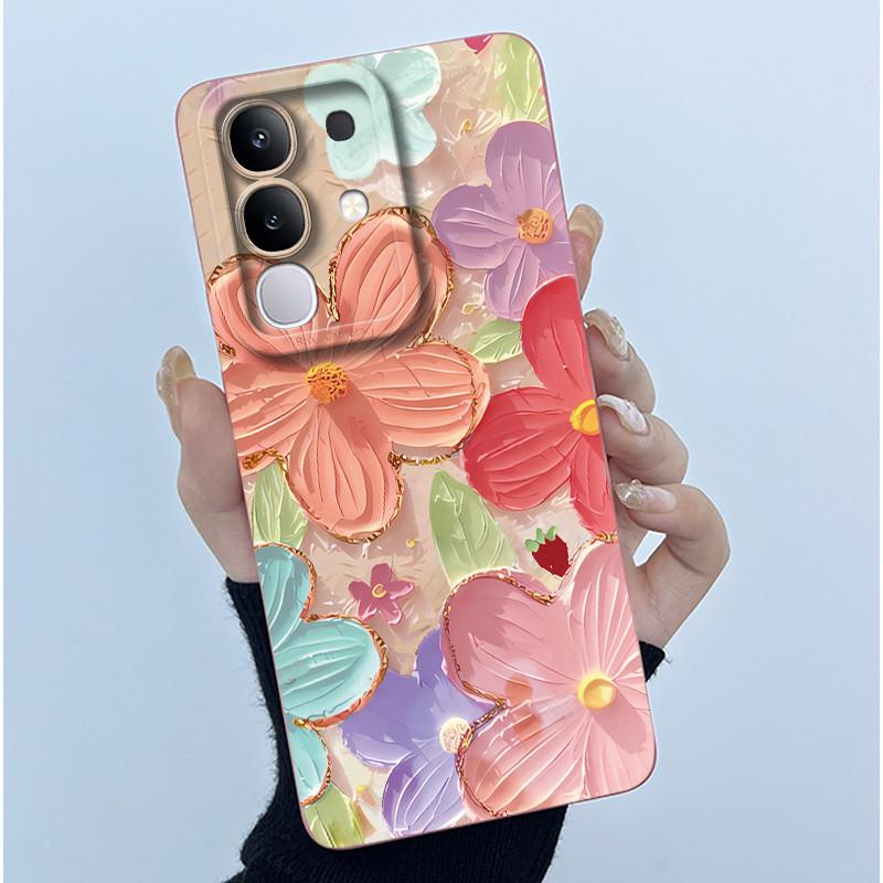For Vivo Y29 4G Phone Case Fashion Simplicity Oil Painting Flower Soft Liquid Silicone Shell Back Cover For Vivo Y 29 4G Fundas