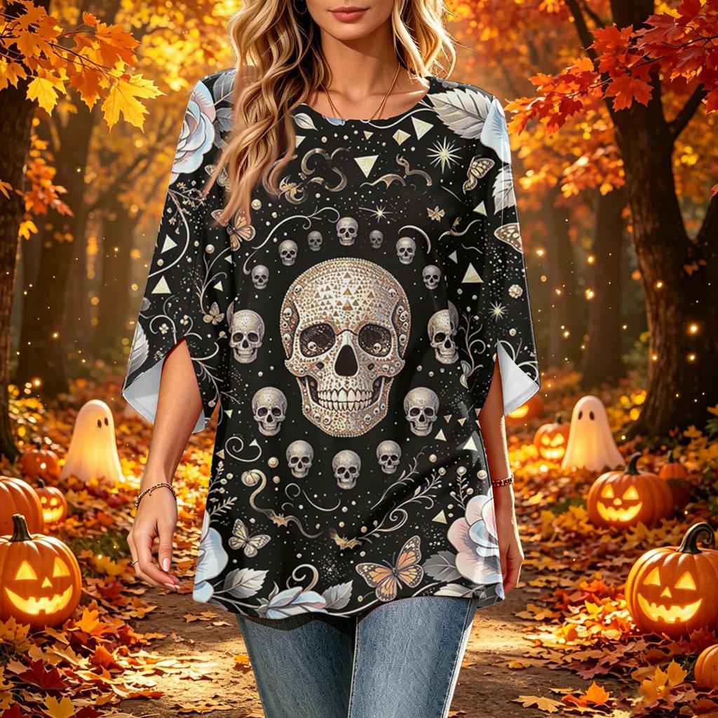 Women's Halloween Printed Casual Loose Fit Top with Round Neck and Three-Quarter Sleeves
