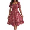 Real Shot Women's Skirt Spring and Summer New European and American Floral Square Neck Short Sleeve Waist Ruffled Dress