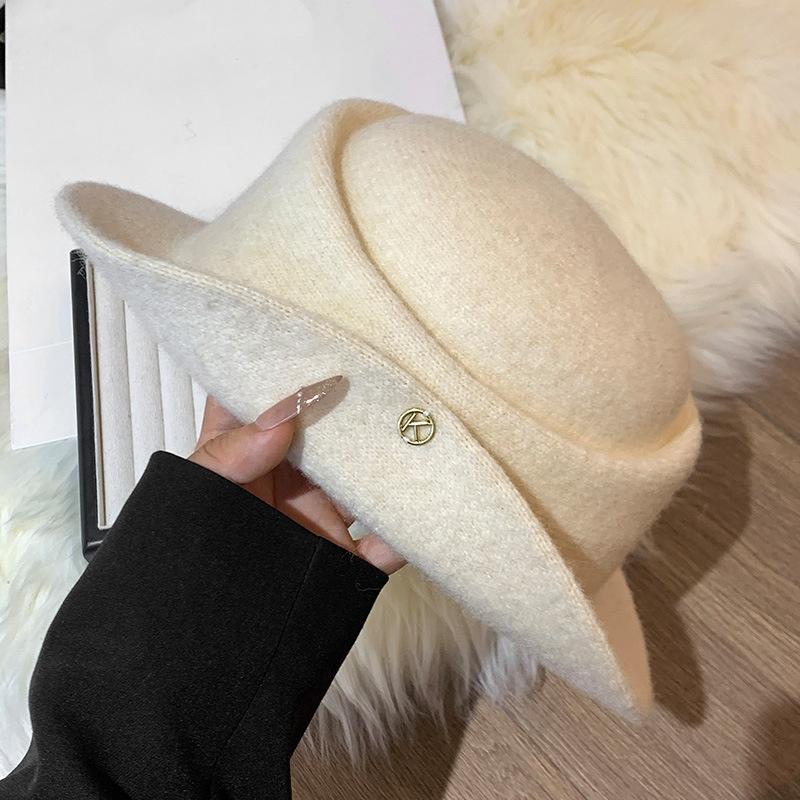 French Hepburn Style Elegant Black Top Hat Women'S Autumn Winter Rolled Edge Woolen Hat Able Fisherman Hat