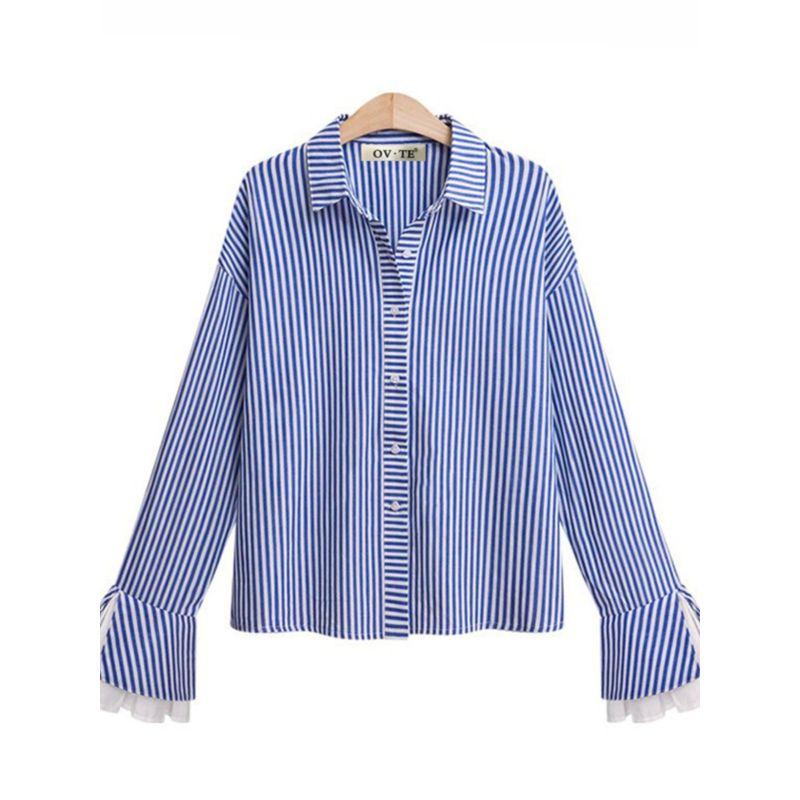 

Plus Size Women s Clothing Spring New Arrival Fashion Wind Stripes Long Sleeves Elegant Slimming Shirt Stylish Color Plug Ruffle Sleeve Top Black 3XL