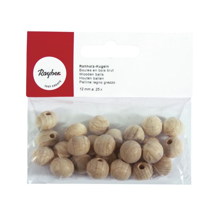 Boules en bois brut demi-percées,12mm, 25pces