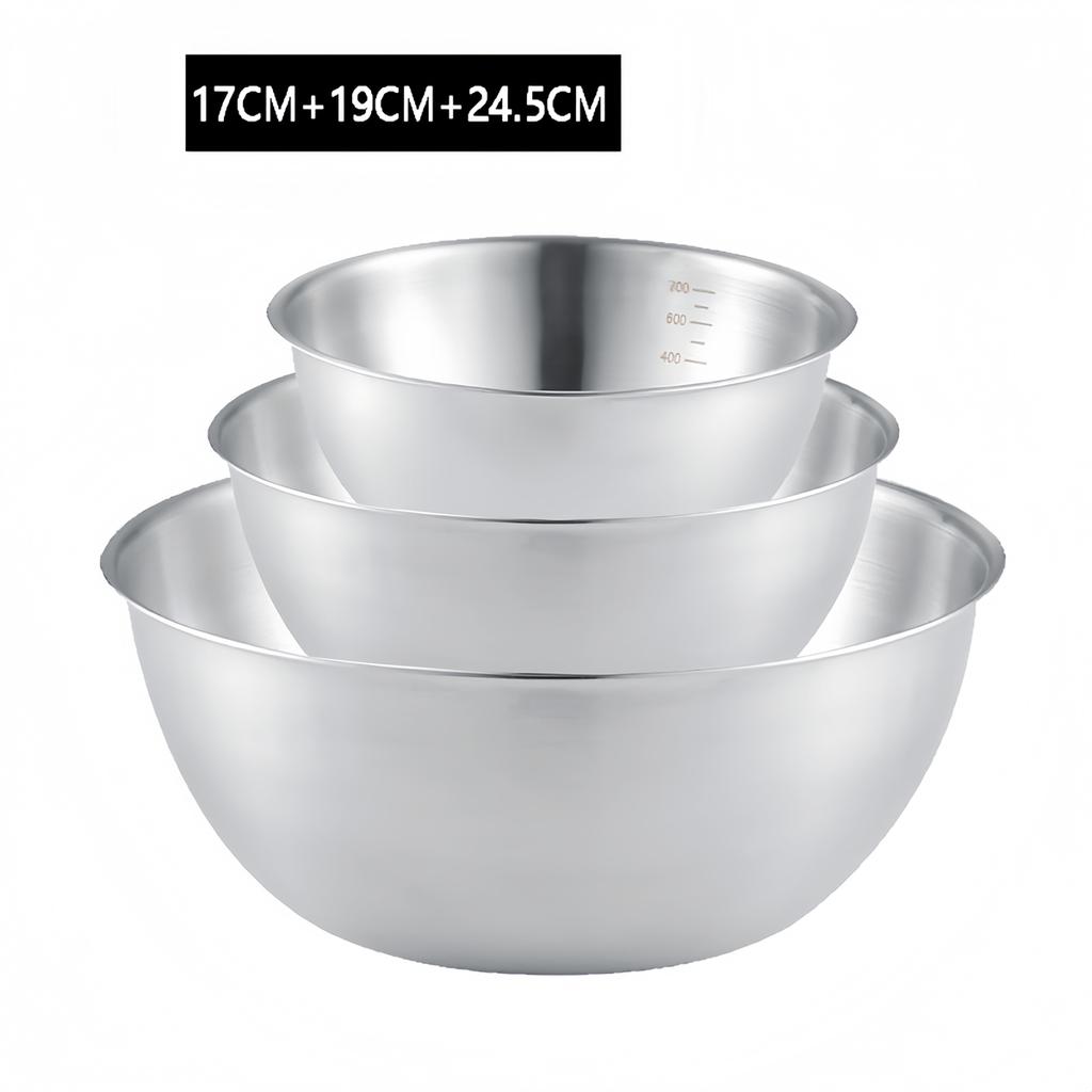 3 Stück Edelstahl Rührschüssel Set mit Skala zum Kochen Backen Vorbereiten Rührschüsseln 17x7cm; 19.5x7.5cm; 24.5x10.5cm