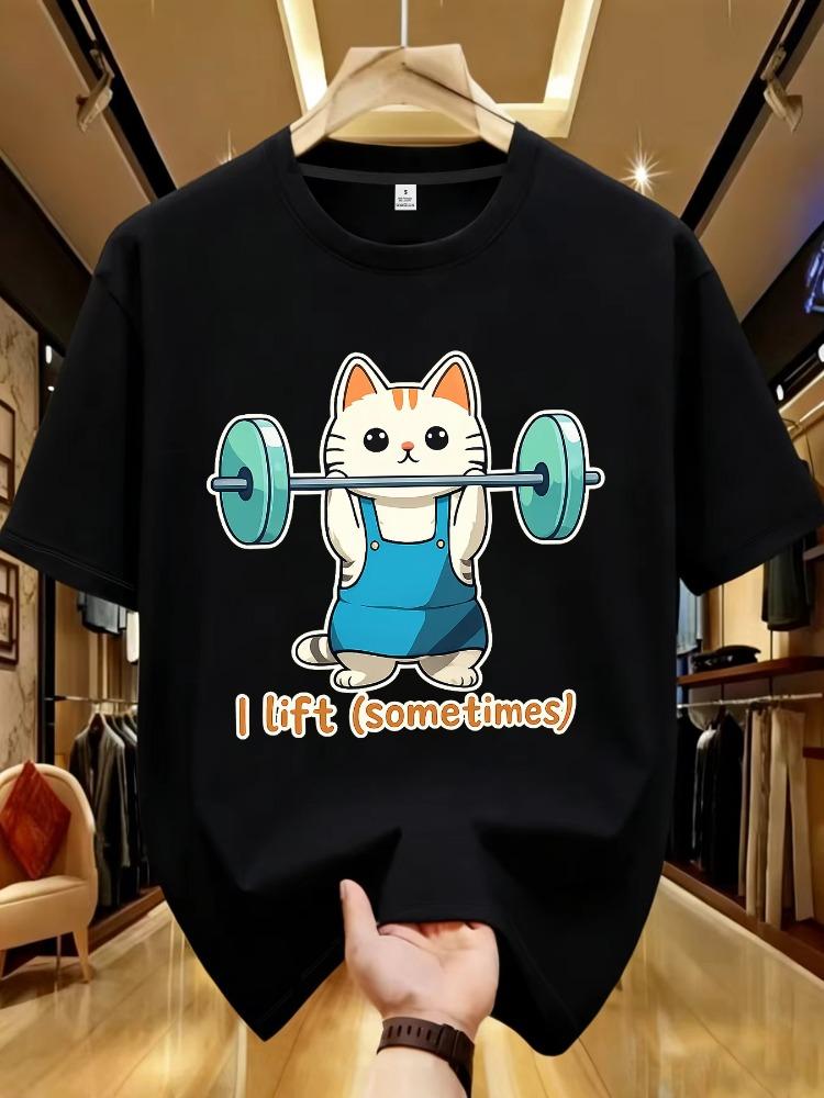 Fitness Katze Aufdruck Unisex Rundhals T-Shirt Sommer Lässig Kurzarm Oberteil Street Fashion Unisex Vielseitige Oberteile