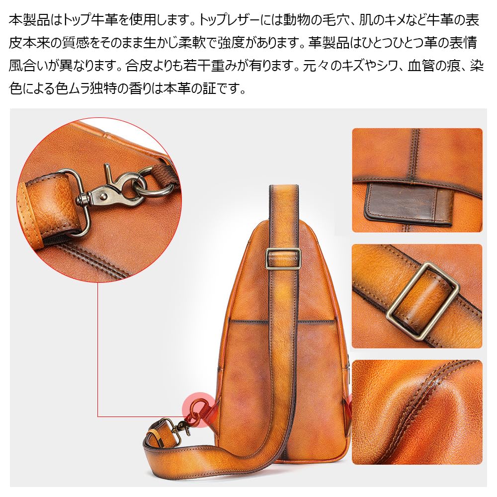 Whatna Antique-Style Tanned Natural Cowhide Leather One-Shoulder Bag for Men, 3-Way, Crossbody, Mini Body Bag, Chest Bag, Genuine Leather, Thick,