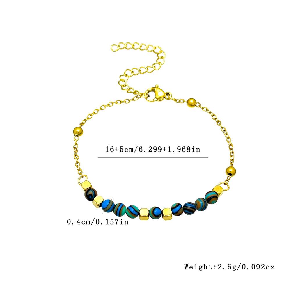 European & American Retro Malachite Sugar Cube Bracelet, 18K Gold Electroplated Stainless Steel Lux Beaded Women's Bracelet