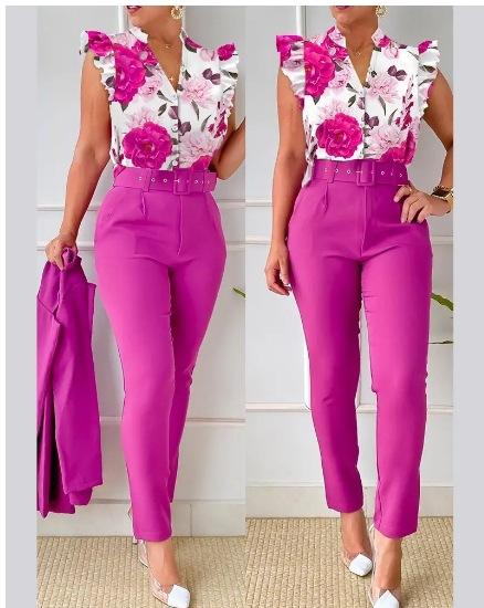 Two Piece Sets Women Outfits Elegant Single Breasted Short Sleeve Top Work Pants Casual Suit