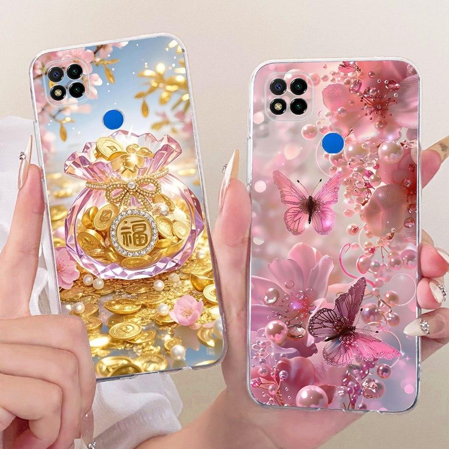 For Xiaomi Redmi 9C NFC 10c Redmi 9 10 India Phone Case Luxury Flower Butterfly Cartoon Bow Pattern Back Cover Soft TPU Silicone