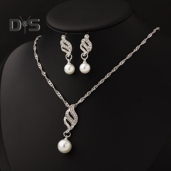 2Pcs/Set Women Jewelry Set Imitation Pearl Rhinestones Inlaid Necklace Drop Earrings Set Wedding Accessories