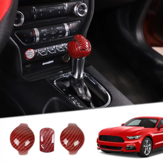 For 15-20 Ford Mustang Interior Gear Shift Knob Decor Cover Trim Red Carbon Fibe