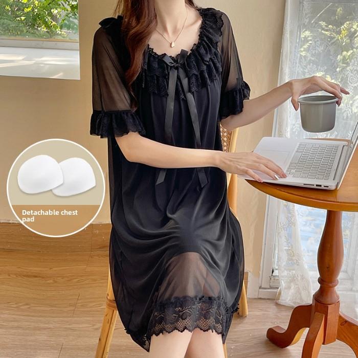 

GMXIA Fairy-like Sleeping Dress, Court Princess-style Pajamas, Summer Short-sleeved, Popular and Sexy Lace Sleeping Dress with Chest Pad XL