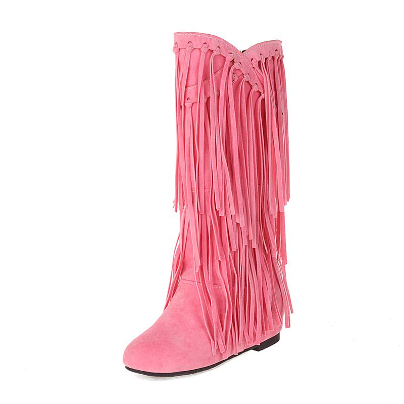 2025 Plus Size Cow Suede Material Tassel Women's Mid-Calf Boots Flat Wedge Heel Short Plush Lining Winter Show Flock Tassel Boot