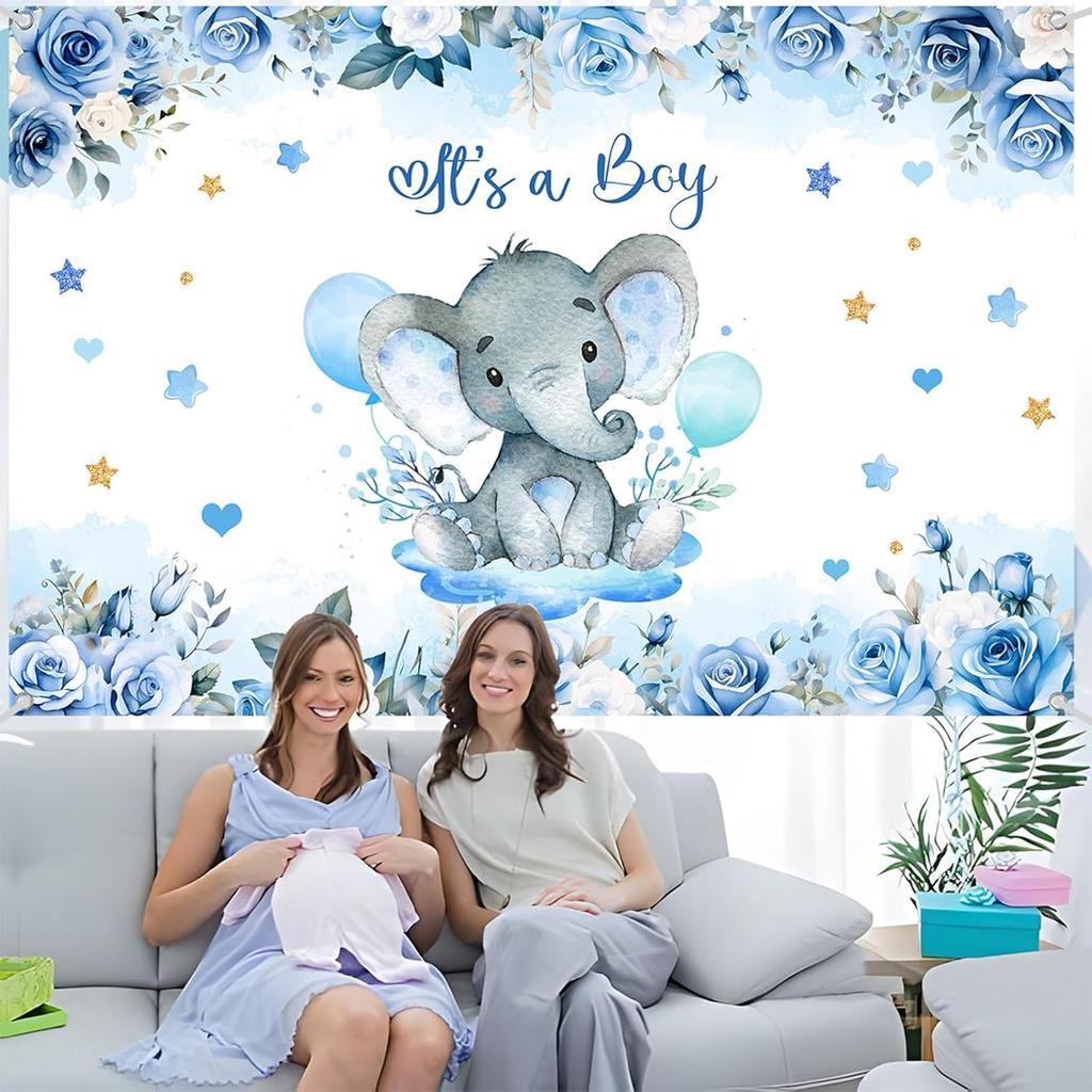 Boy Elephant Baby Shower Decorations Boxes - Baby Blue Balloon Garland Kit,Baby Shower Boxes,It's a Boy Backdrop Tablecloth for Elephant Theme Party