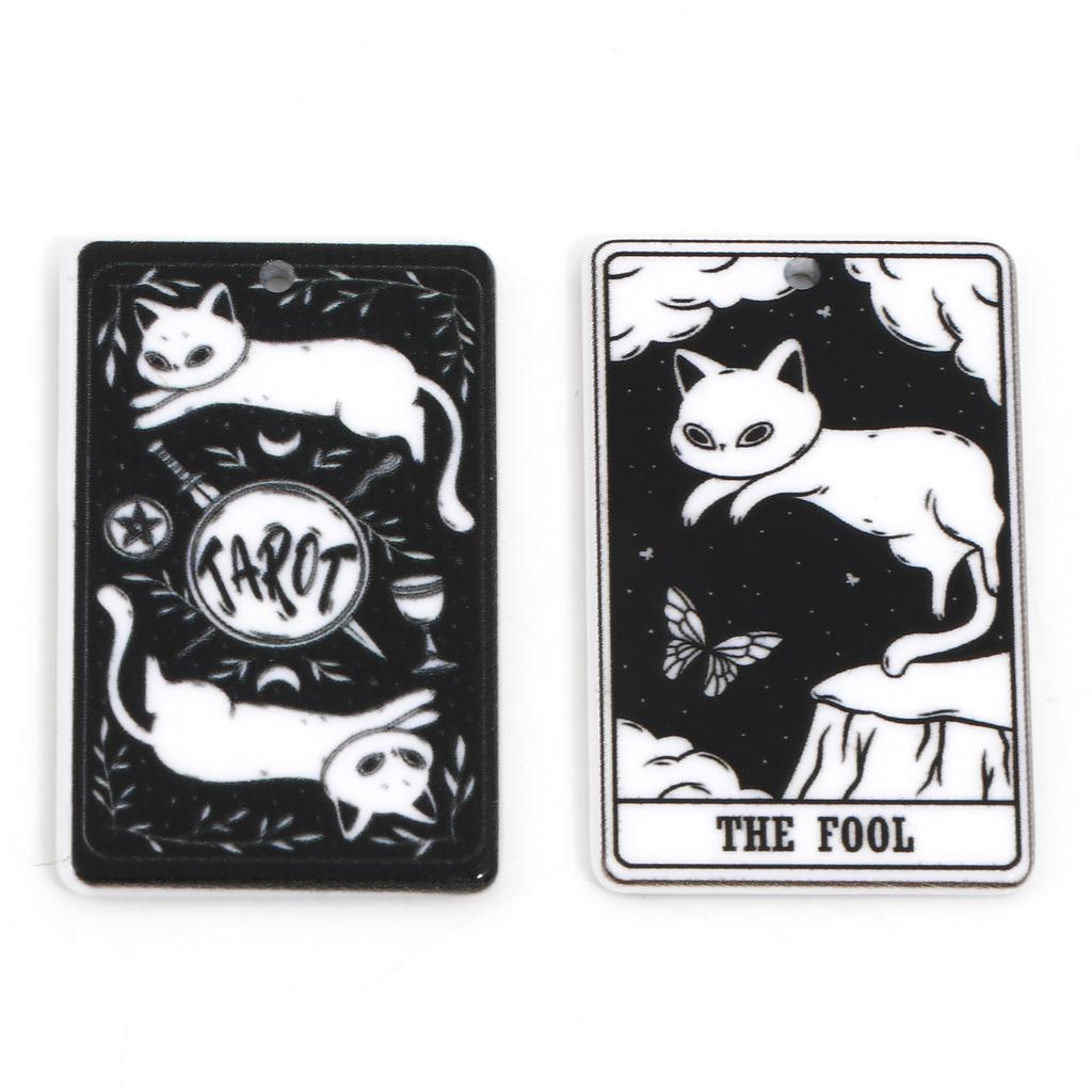 5PCs Black White Acrylic Tarot Pendants Rectangle Cat Double-sided Charms For DIY Earrings Necklace Jewelry Making 3.8cm X 2.3cm
