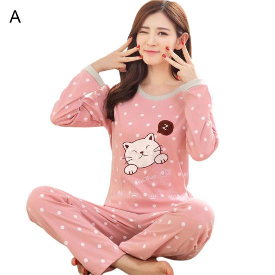 2 Pcs/Set Women Pajamas Set Crew Neck Thermal Soft Stylish Sleepwear Elastic Waist Winter Nightie for Home Wear