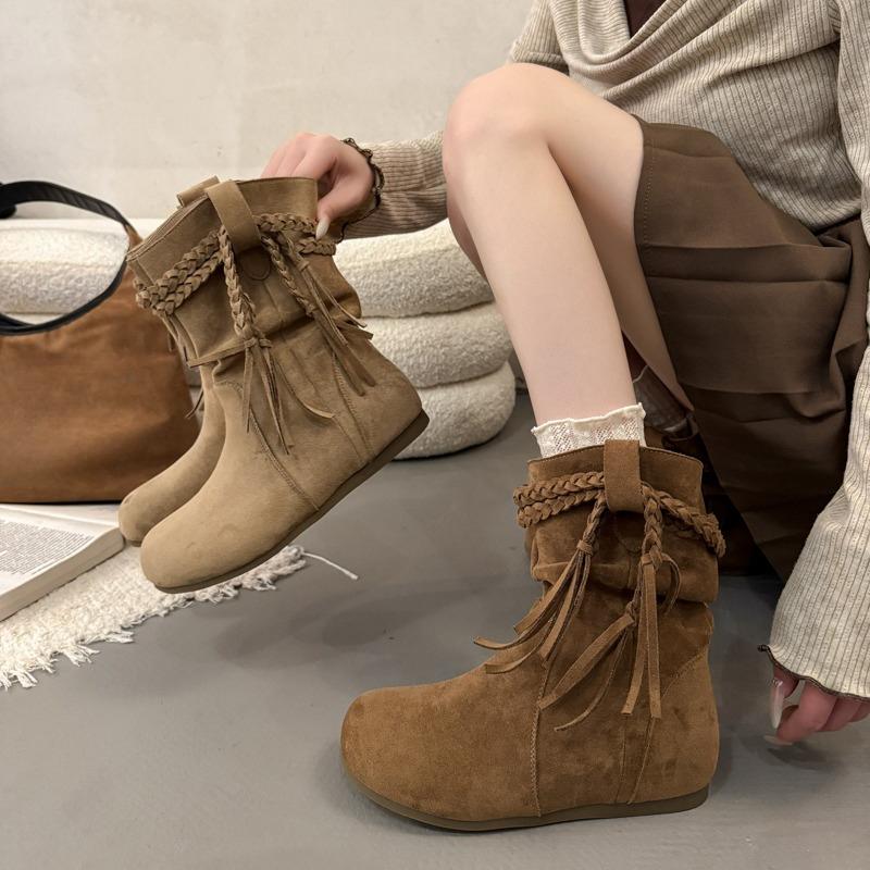 Fashion Flat Single Boots Autumn New Round Toe Suede Sleeve Soft Sole Anti-Slip Wear-Resistant Booties