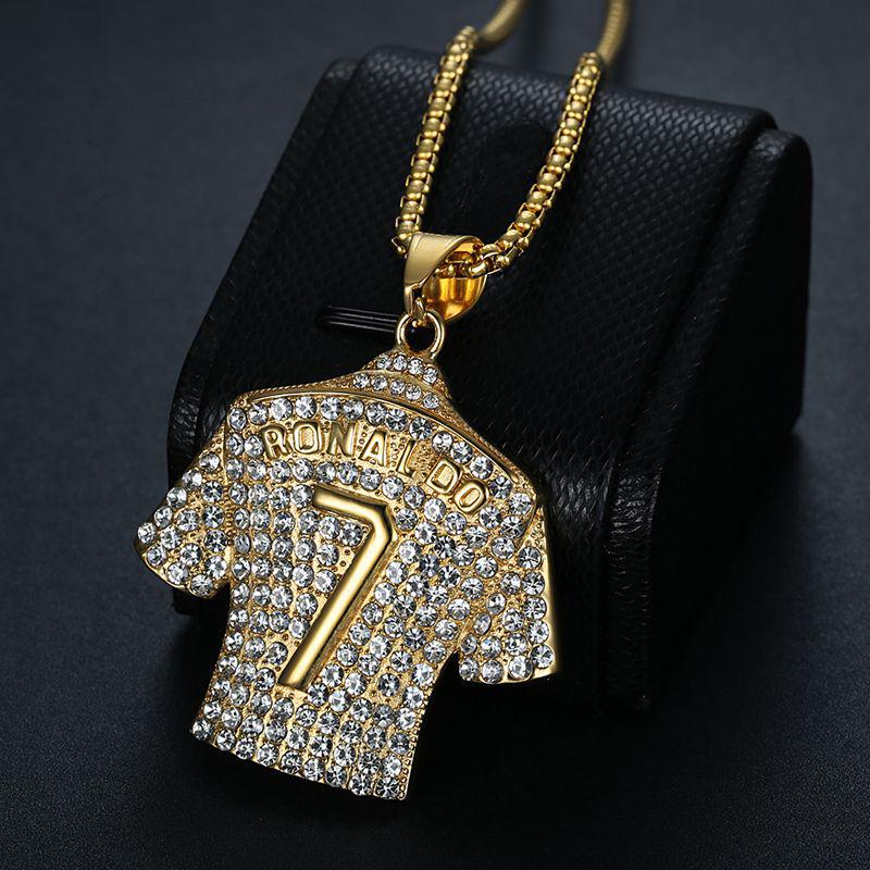Evropský Americký Pozlacený Titanová Ocel Ronaldo Ne. 7 přívěsek náhrdelník s dressem a diamanty – Hip Hop styl