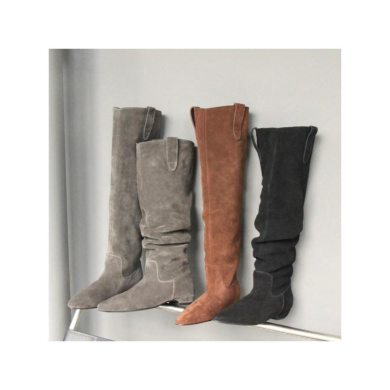 Large Size Over The Knee Temperament Suede High Knight Boots Women's Retro All-match Low Heel Pleated Long Boots