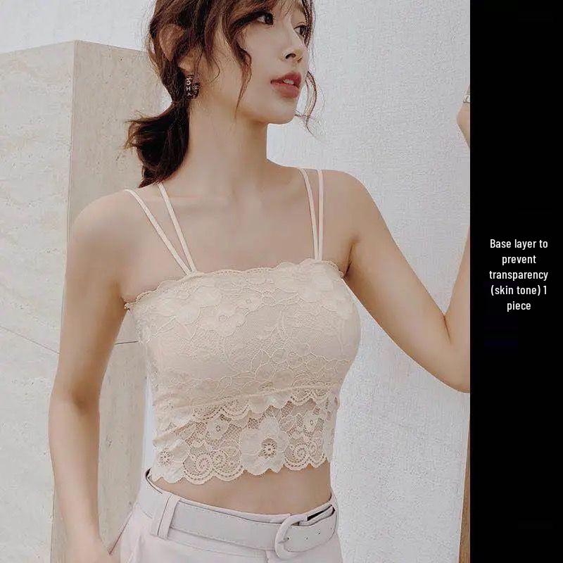 Korean Style Lace Strapless Camisole with Chest Pads for Female Students - Anti-Exposure, Beautiful Back, Summer Wear