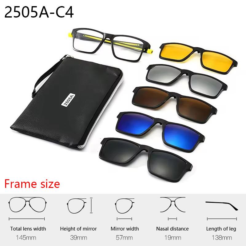6 In 1 Spectacle Frame With 5 PCS Clip On Black Polarized Sunglasses Magnetic Telescopic Leg Glasses Male Computer Optical