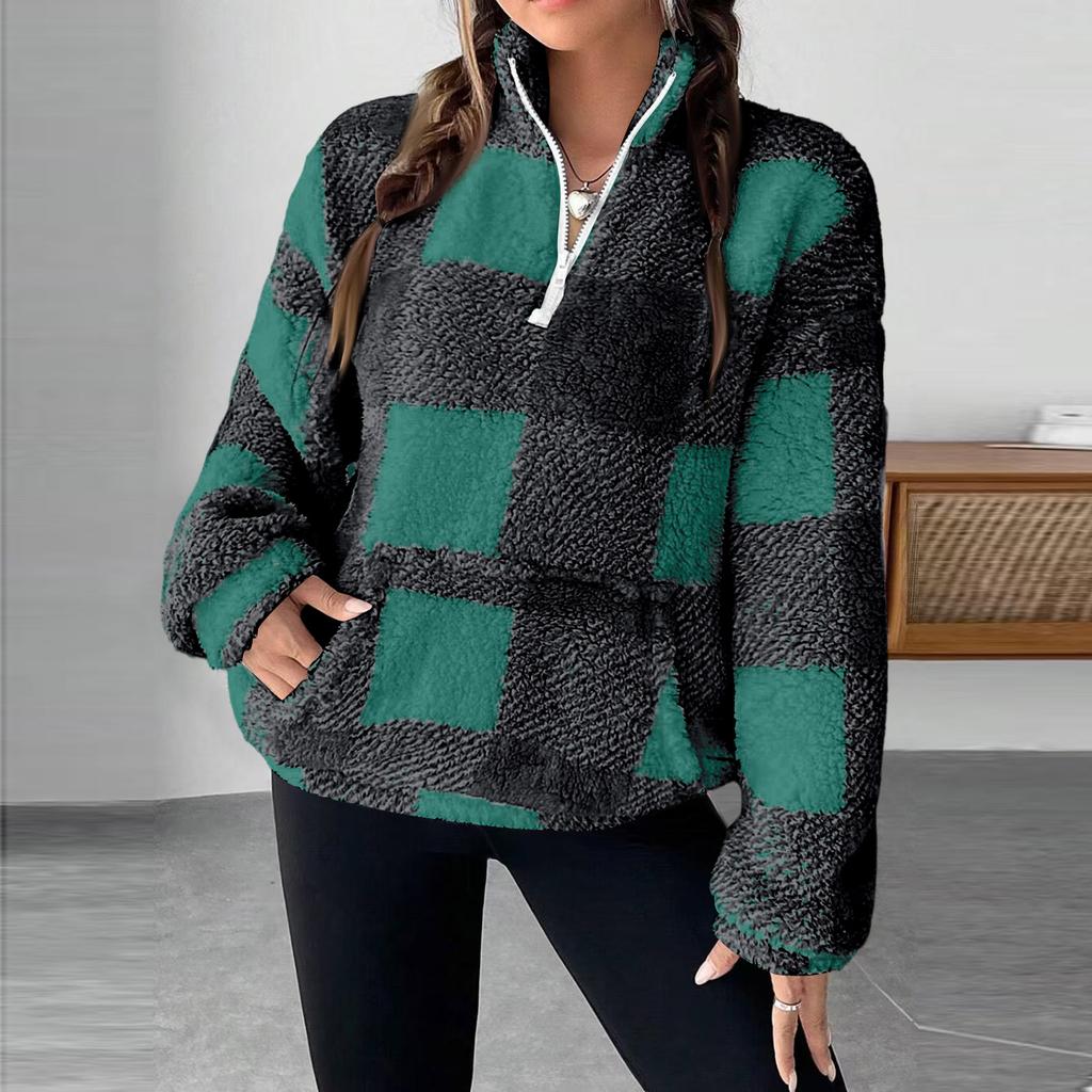 Damen Karo Halb-Reißverschluss Langarm Sweatshirt Lässiger Pullover