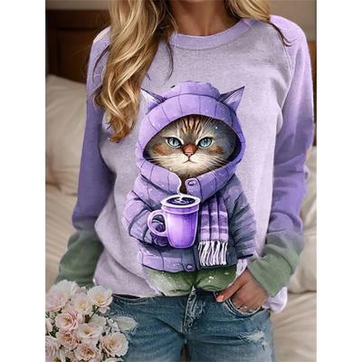 Lustiger Kapuzenpullover mit Katzendruck, Damenmode, Rundhals-Sweatshirt, Tierjacke, Damenpullover, Innenbekleidung, Kawaii-Sweatshirt, Damen