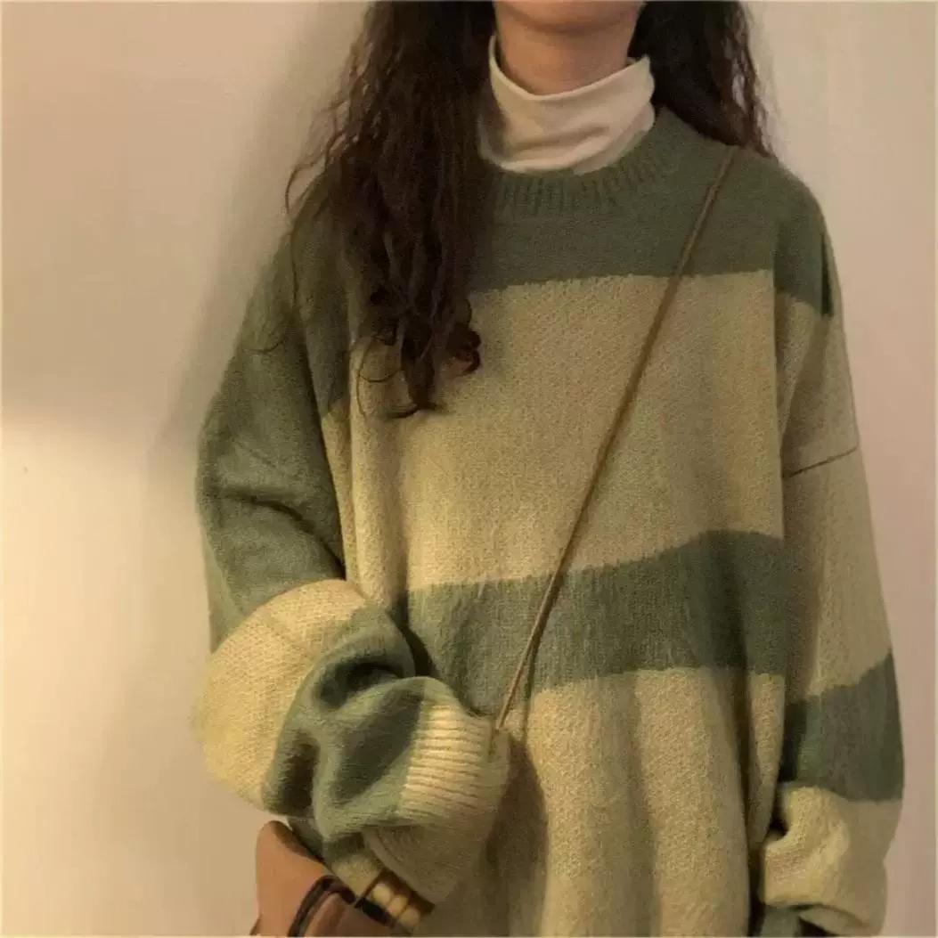 

Американский свитер в стиле ретро с цветными блоками - Толстый, свободный, модный трикотаж в студенческом стиле для пар Extra Extra Large зелёный