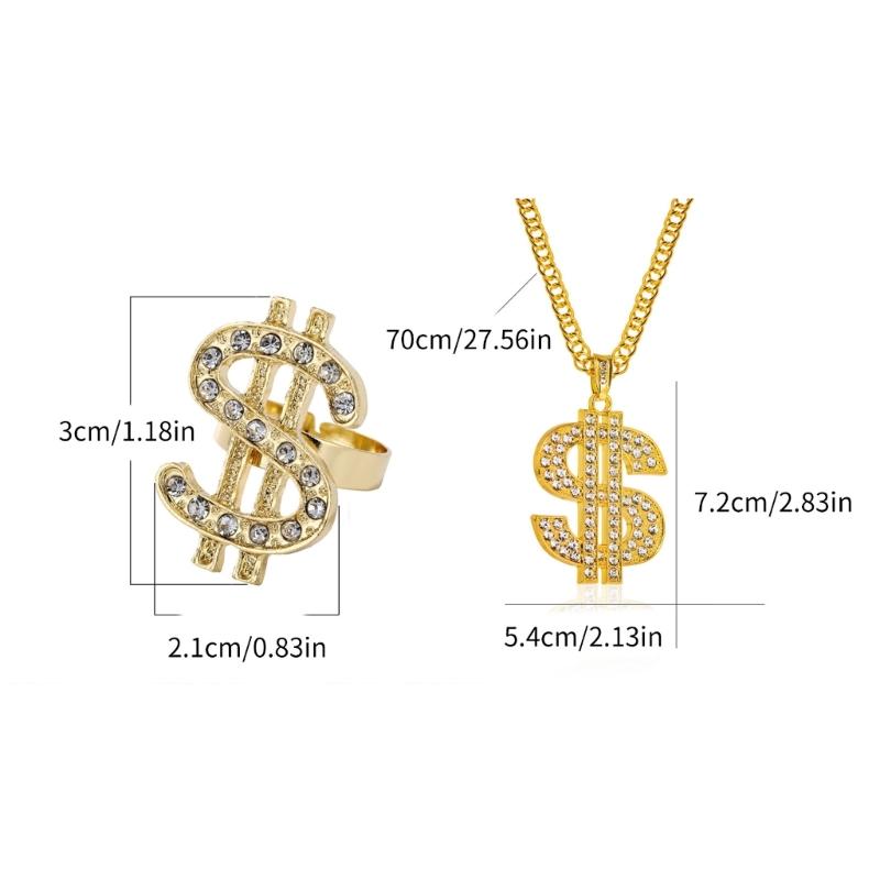 2-teiliges Hip-Hop Schmuckset Dollarzeichen Anhänger Halskette und Fingerringe 80er/90er Outfits Coole Rapper Accessoires Unisex