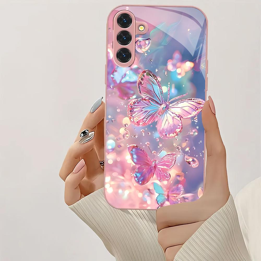 Beautiful Butterfly Metallic Glass Phone Case Suitable for Samsung Galaxy S26 S25 S24 S22 S21 S20 FE/Ultra/Plus Anti Drop