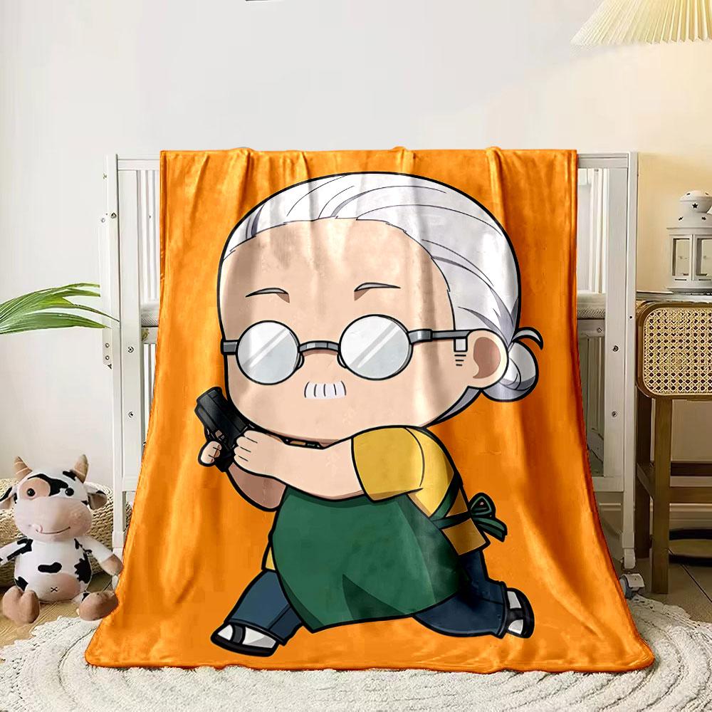 

A chibi character with glasses, white hair, green apron, and holding a gun. for all seasons blanket lunch break throw gift 80cm x 120cm