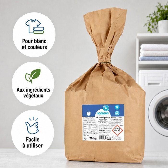 Lessive en poudre, lessive linge blanc et couleur, 20kg