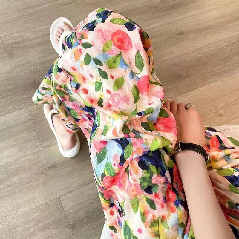 Summer Women's Beach Pants Loose Wide-Leg Pant Female Seaside Leisure High Waist Cropped Pant Straight Floral Trousers