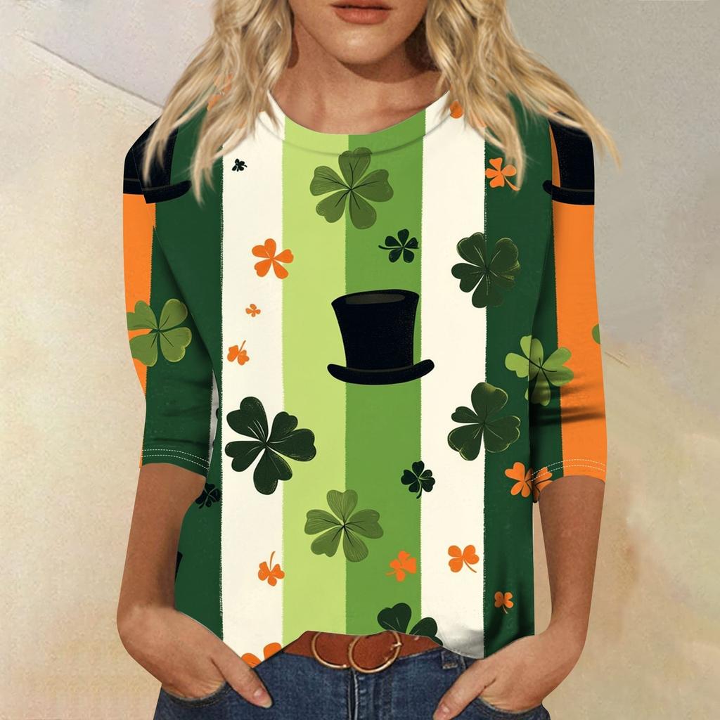 3/4 Sleeve Top Women's T-shirt Casual St. Patrick's Day Printed Top T-shirt Crew-neck Jumper