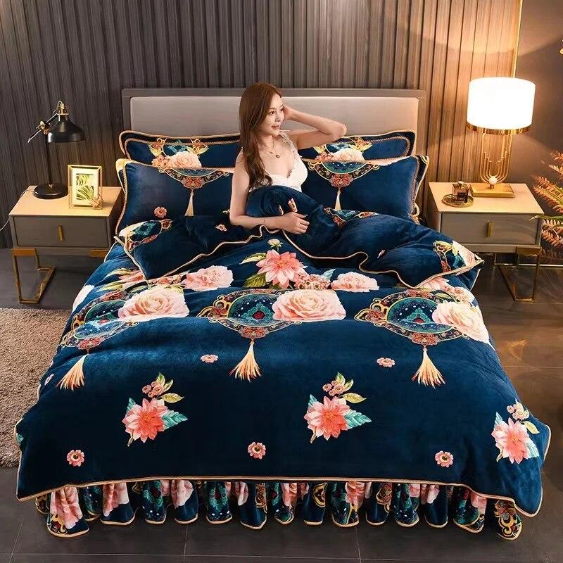 4pcs Bedding Set Fine Velvet Duvet Cover King Queen Size Thicken Quick Warm Coral Fleece Quilt Cover Bed Sheet Pillowcase