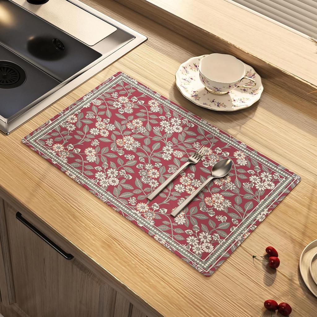 National Style Dish Drying Mat Absorbent Floral Coffee Rubber Backed Soft Silicone Bird Kitchen Draining for Bathroom Bar
