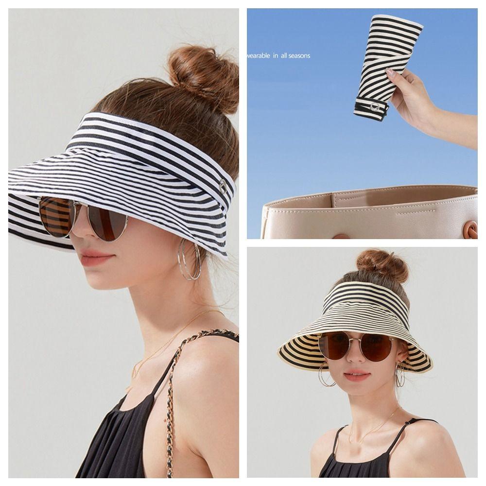 Wide Brim Summer Sun Hats Anti-UV Sun Protection Cap Fashion Stripe Empty Top Hat  Camping