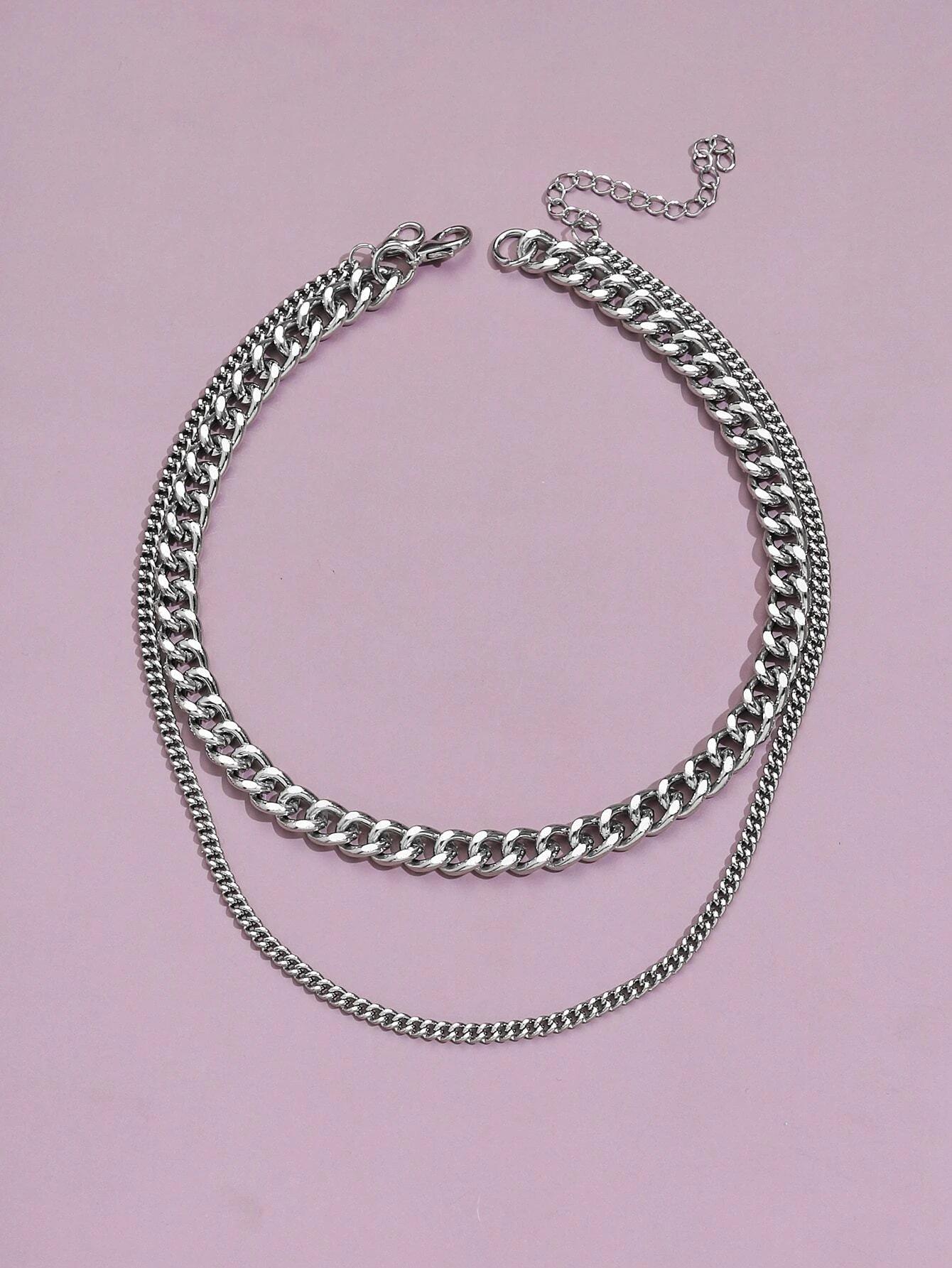 

Унисекс Двухслойная Хип-Хоп Ключичная Цепочка: Универсальное ожерелье в кубинском стиле серебряный