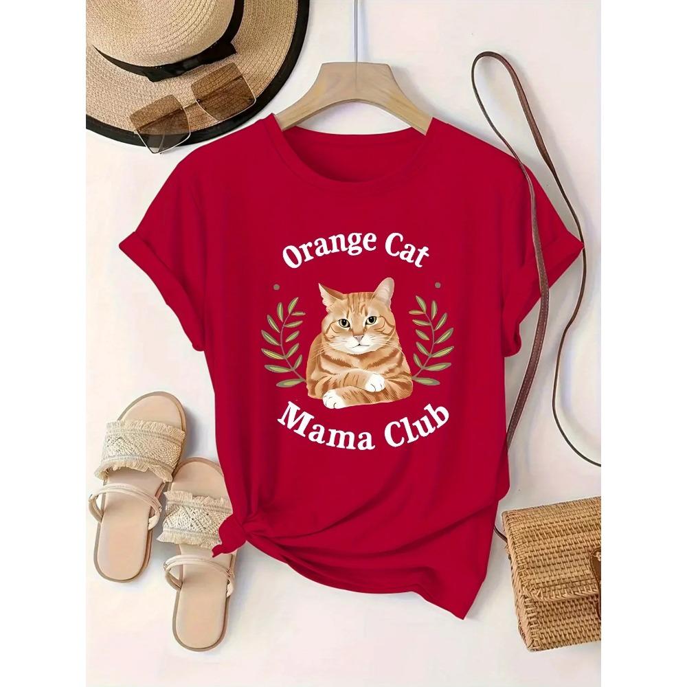 Cute Orange Tabby Cat Club Printed Summer T-shirt Top for Women Round Neck Short Sleeved Comfortable Casual Women's Clothing