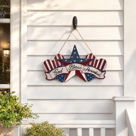 Yousheng Independence Day Wooden Sign, Rustic God Bless America Wall Hanging Decor with Red White Blue Stars and Stripes, Patriotic Wood Plaque for