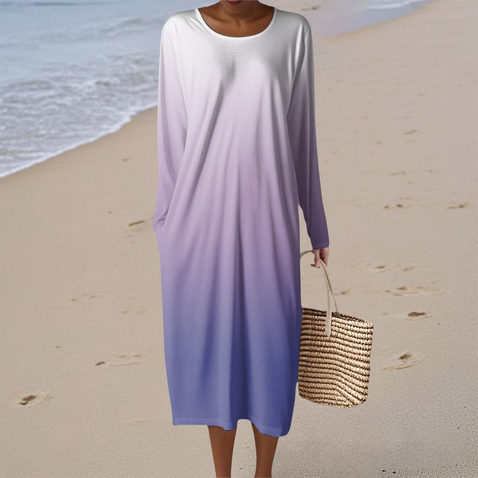 

Women s Fashion Casual Long Sleeve Gradient Round Neck Pocket Elegant Temperament Dress XXL