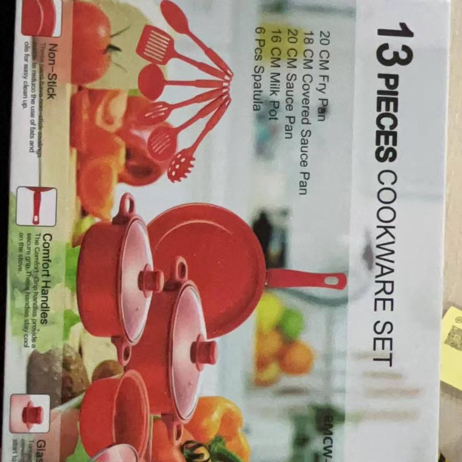 Thirteen-Piece Non-Stick Cookware Set: Includes Spatula, Soup Pot, Milk Pot, Frying Pan, and More.