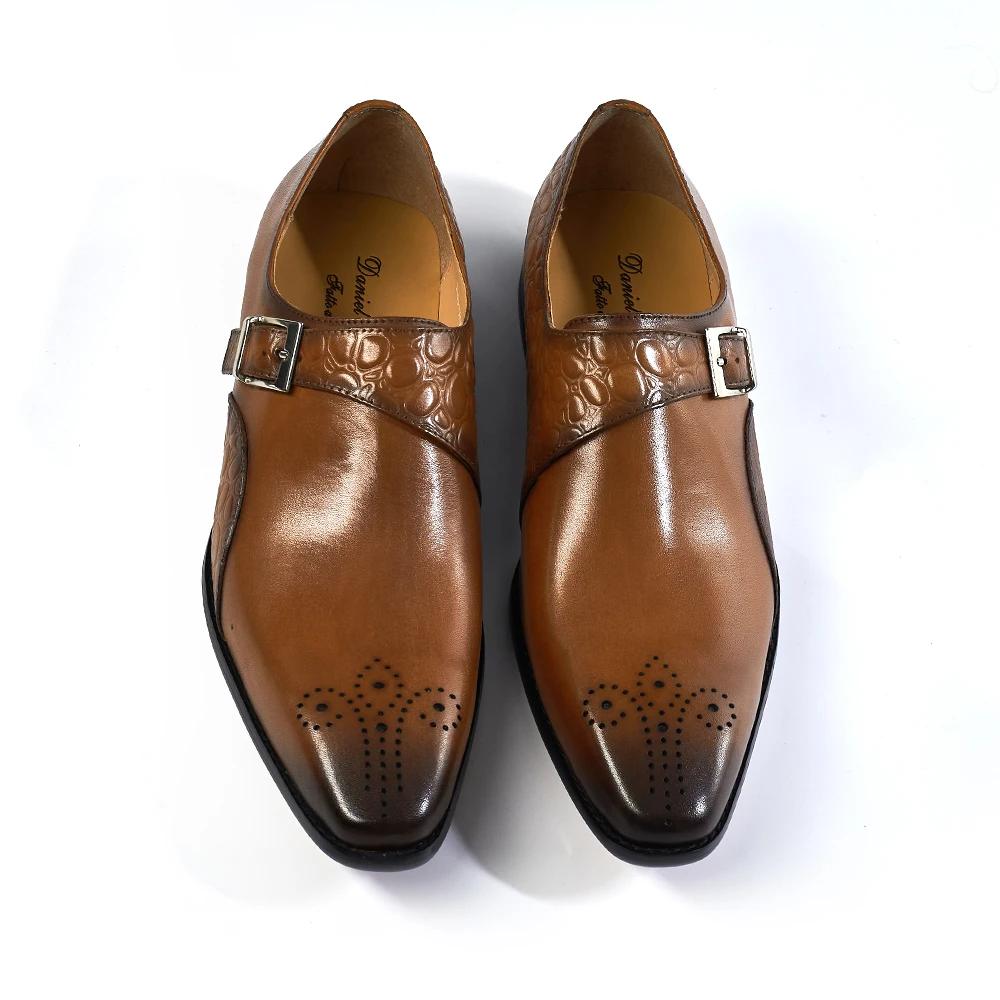 Fashion Luxury Men's Genuine Leather Monk Strap Shoes Cowhide Business Office Formal Dress Shoes with Buckle Italian Style for Weddings