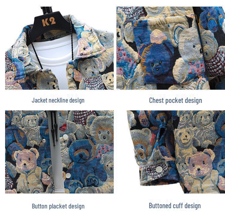 Men's Trendy Denim Bear & Flower Jacket - Cotton, Loose Fit, Wear-Resistant, Big Sizes Available