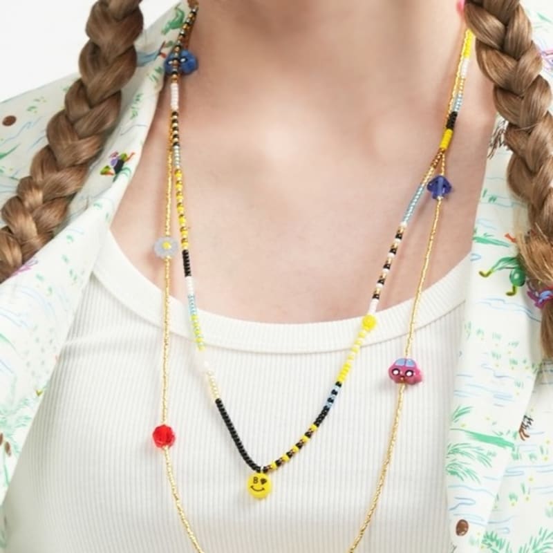 BONBEAU Unique and Fun Charms Gold Beads Long Necklace Color Motif Charm Gold Bead Long Necklace Kitsch Necklace