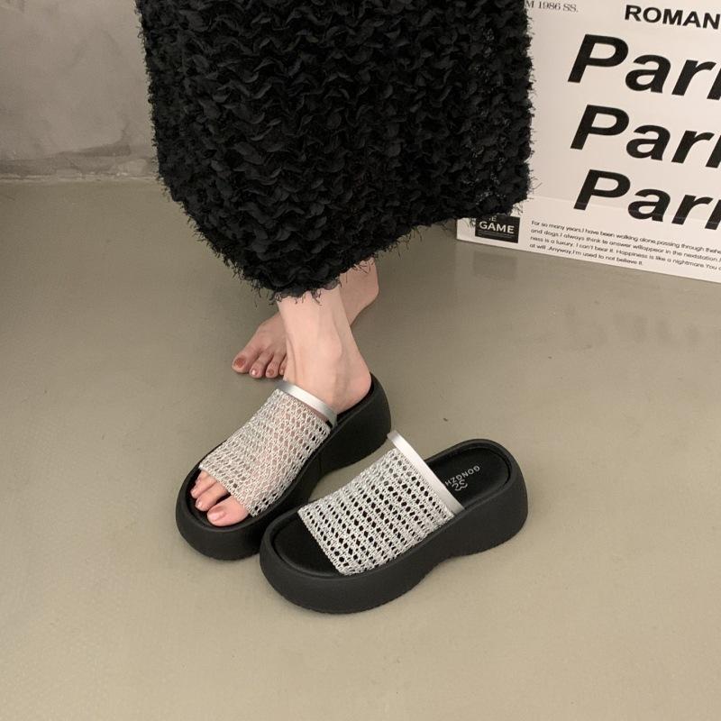 Small height-increasing sandals women's 2025 summer new one-word with open-toe woven hollow muffin platform shoes